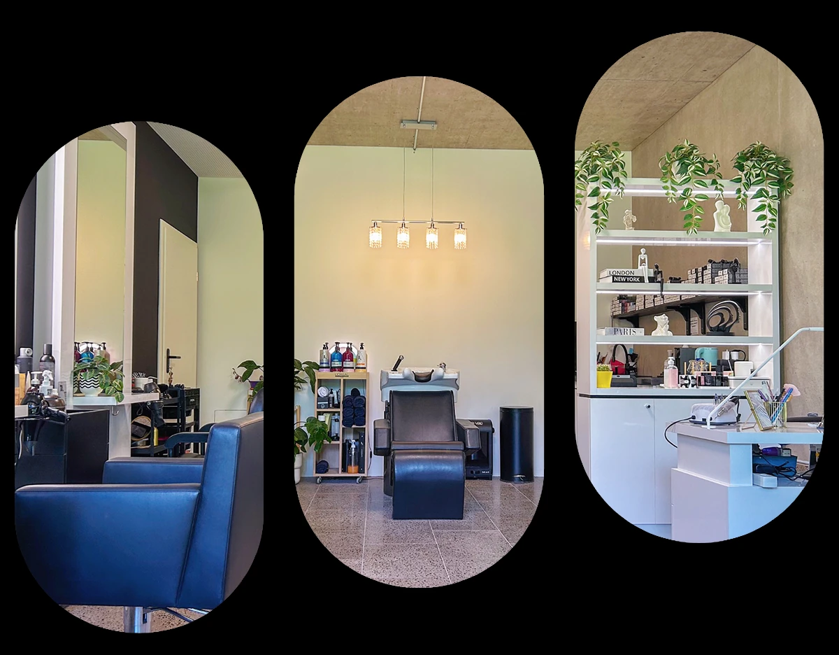 Intérieur chaleureux et élégant d'un salon de coiffure, onglerie et esthétique. Des sièges confortables, des miroirs élégants, et une ambiance accueillante où l'art de la coiffure, de la manucure et des soins esthétiques se rencontrent pour offrir une expérience de beauté exceptionnelle.